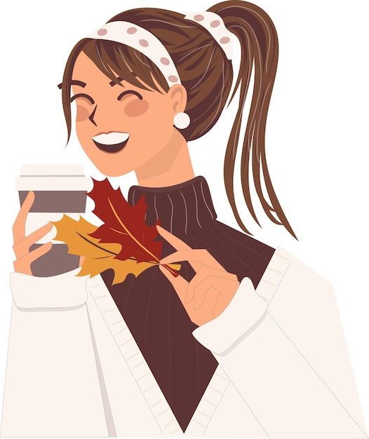 Vector cute girl with coffee autumn cozy charm