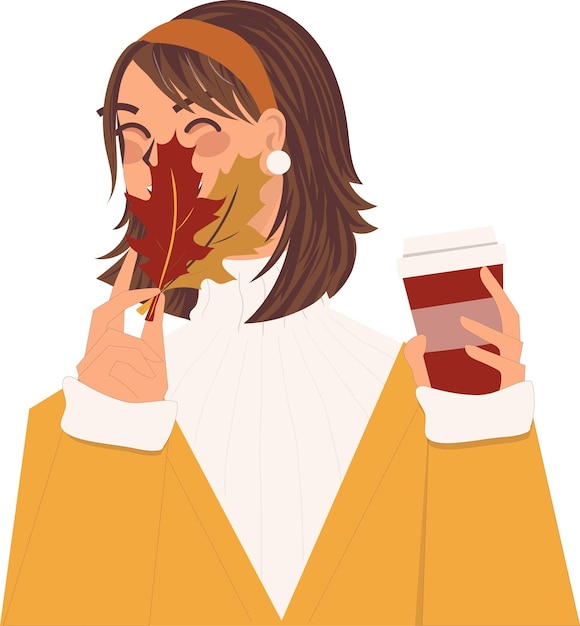 Vector cute girl with coffee autumn cozy charm