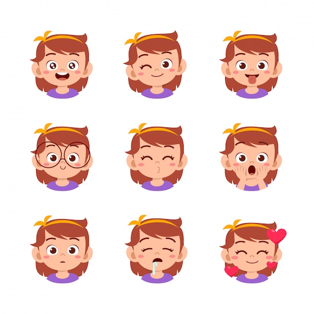 Vector cute girl with different face expressions