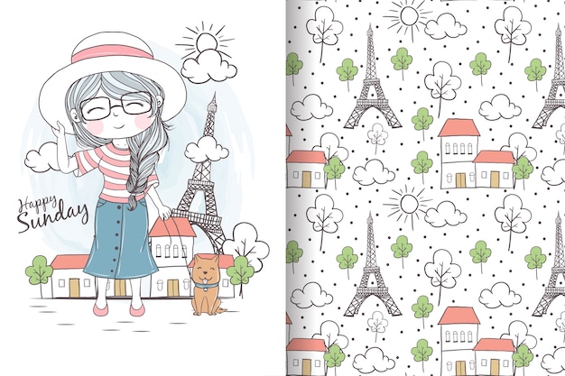 Vector cute girl with dog holiday in paris seamless pattern