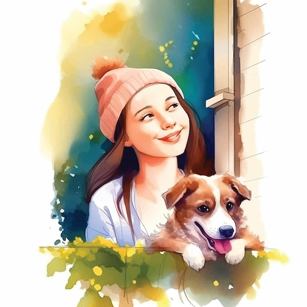 Cute girl with dog watercolor paint