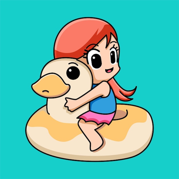 Cute girl with duck swim ring cartoon illustration