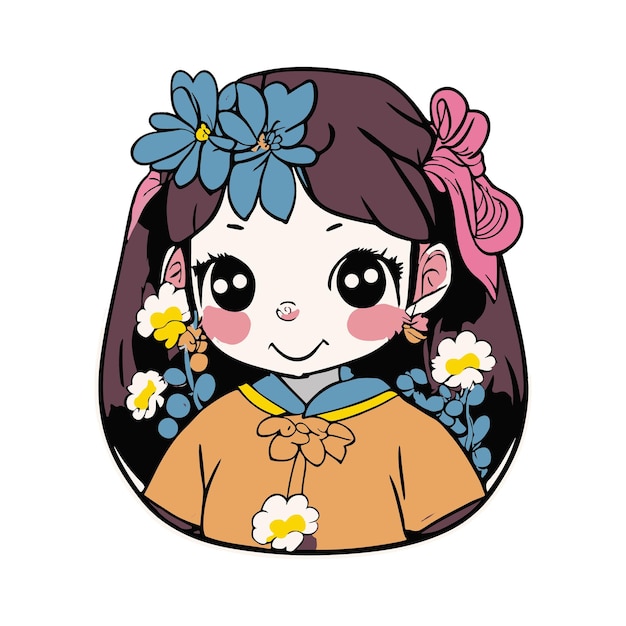 A cute girl with flowers creative logo comic style