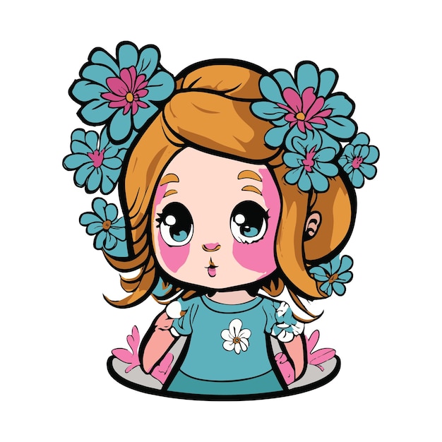 A cute girl with flowers creative logo comic style