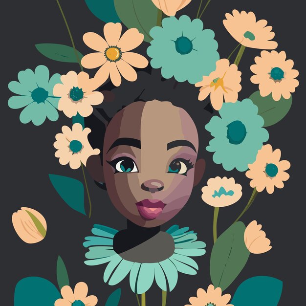 Cute girl with flowers flat illustration vector