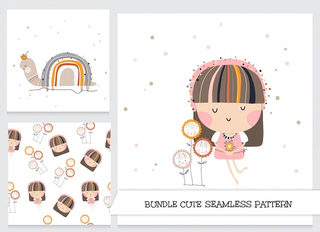 Cute girl with flowers and snail stationery set