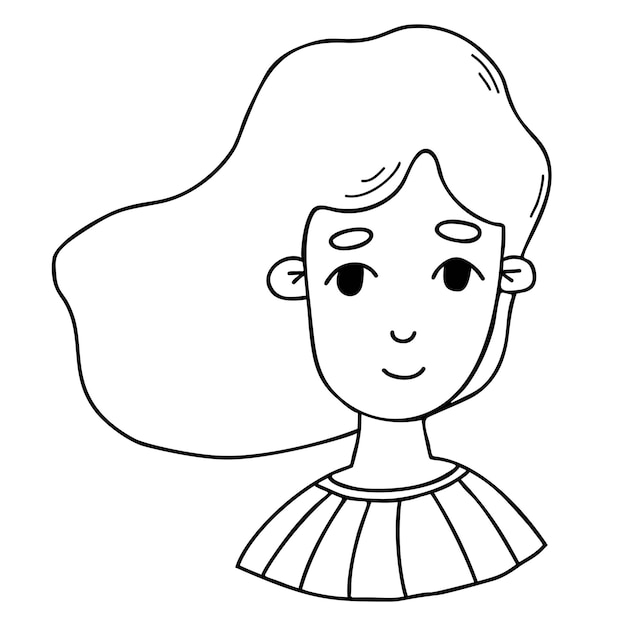 Cute girl with flowing hair Woman portrait in cartoon doodle style