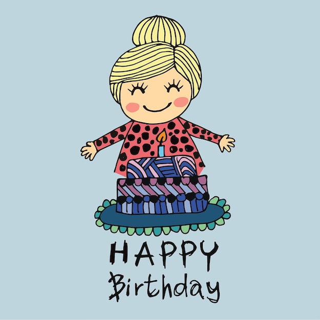 Cute girl with Happy Birthday Cake cartoon doodle hand drawing