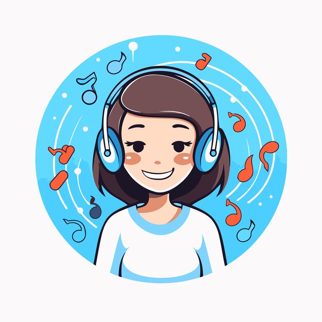 Vector cute girl with headphones listening music vector illustration in cartoon style