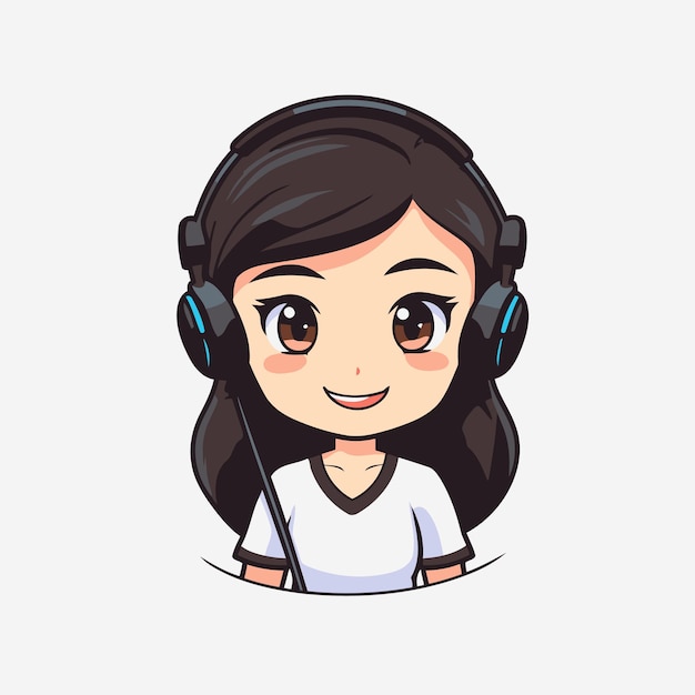 Cute girl with headphones and microphone Vector illustration in cartoon style