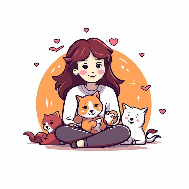 Cute girl with her pets Vector illustration in cartoon style