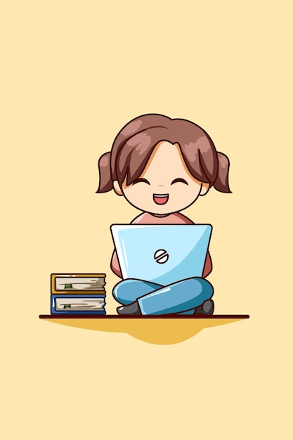 Vector cute girl with laptop and book cartoon illustration