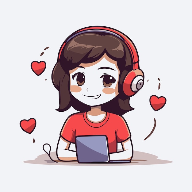 Cute girl with laptop and headphones Vector illustration in cartoon style