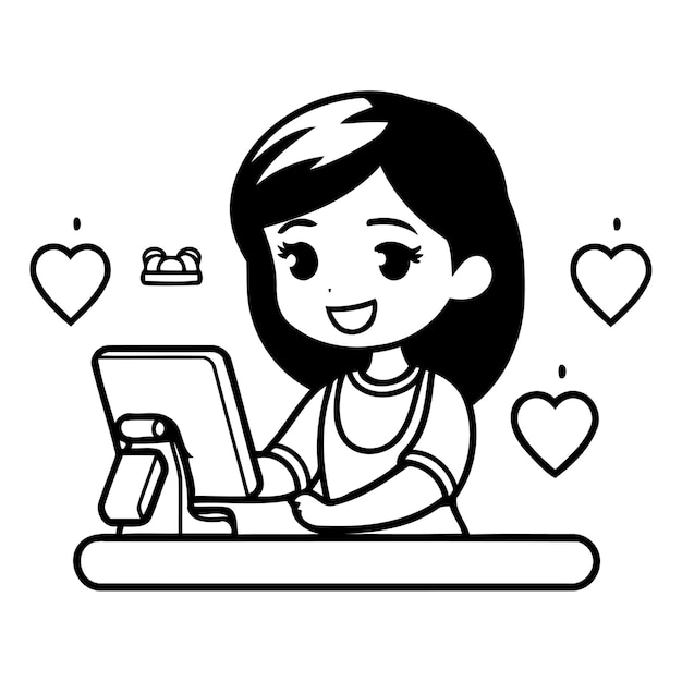 Cute girl with laptop and hearts Vector illustration in cartoon style