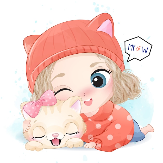 Cute girl with little kitty illustration