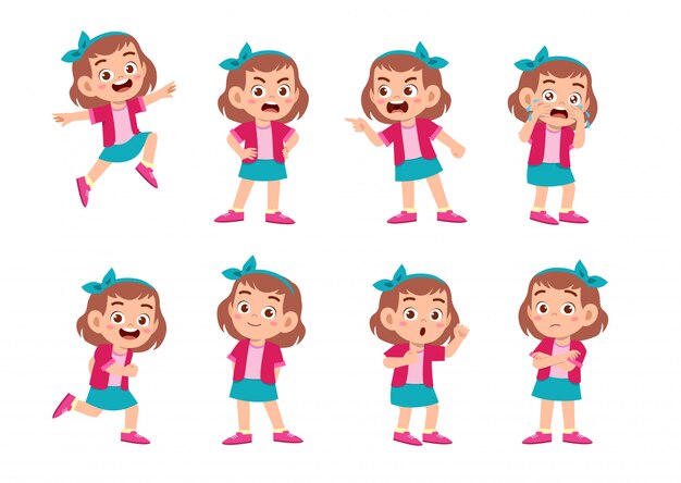 Vector cute girl with many gesture expressions