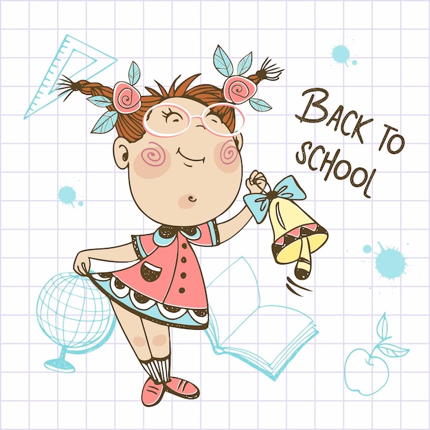 Cute girl with pigtails goes to school A schoolgirl with a school bellBack to school Vector