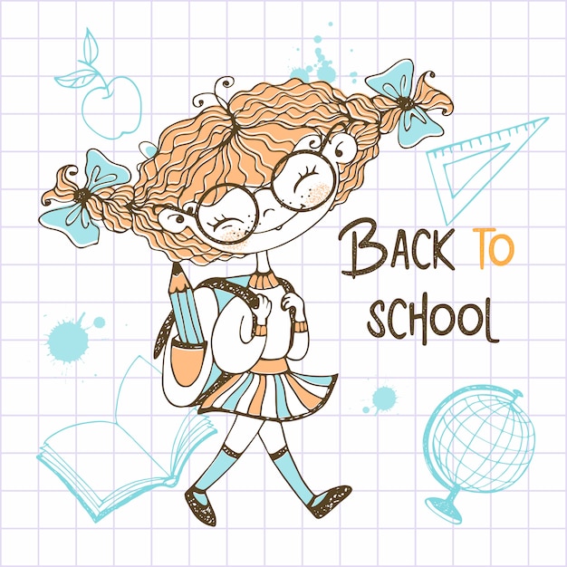 学校のバックパックとおさげ髪のかわいい女の子が学校に行きます。学校に戻る。