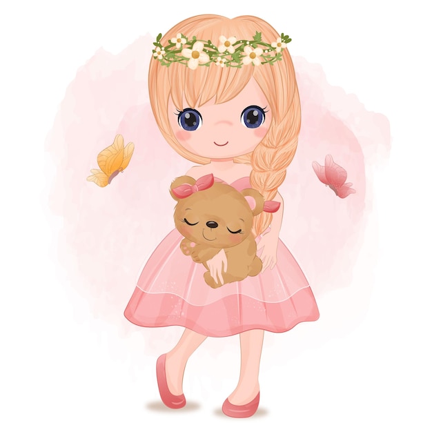 Cute Girl With Pink Dress Illustrations