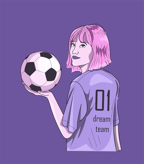 ピンクのかわいい女の子がサッカーのサッカーボールを持っているのを聞く