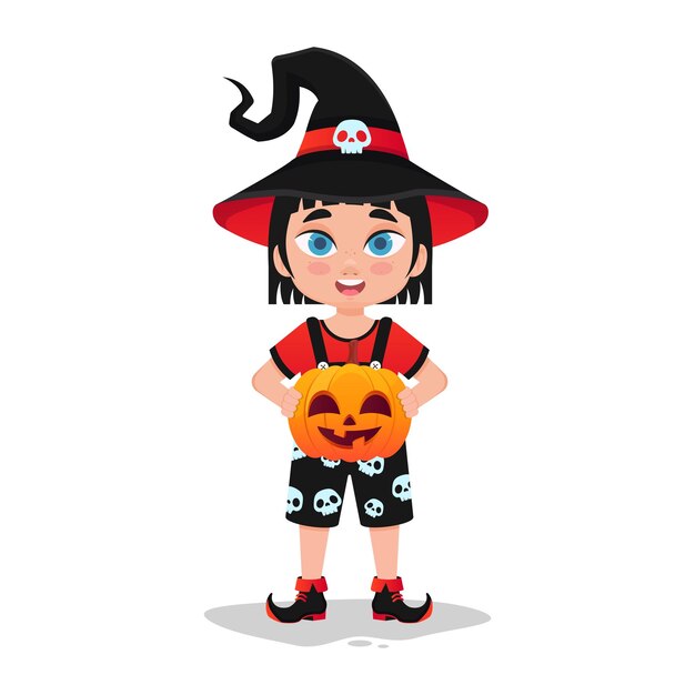ハロウィーンの休日に手にカボチャを持つかわいい女の子
