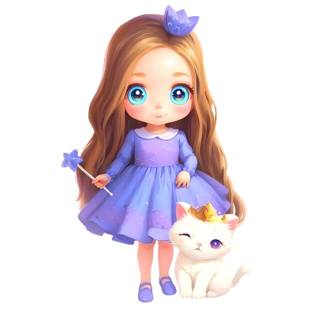 Cute girl with purple dress brown hair and cute cat