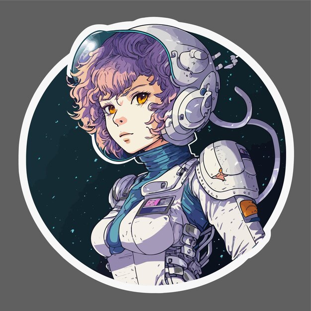 Vettore ragazza carina con i capelli viola che indossa una tuta spaziale e un casco. illustrazione dell'icona dell'autoadesivo