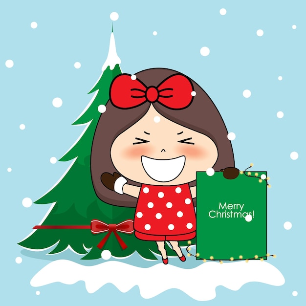 Cute girl with Santa costume Christmas background Christmas Greeting Card Vector illustration