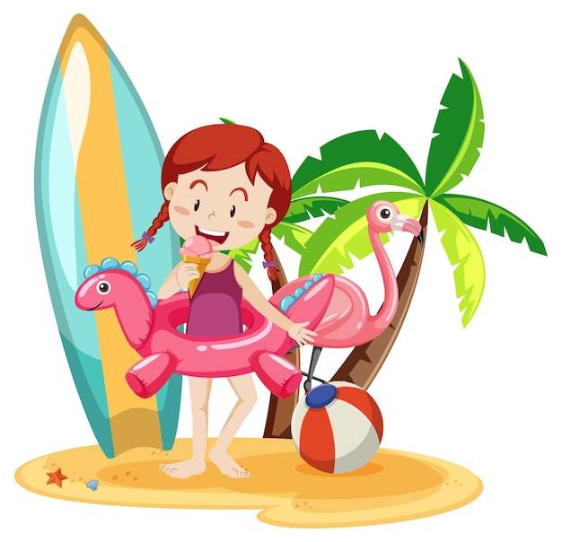 Vector cute girl with summer beach elements isolated on white