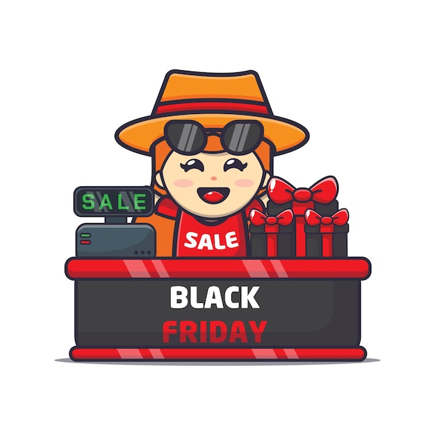 cute girl with sunglasses in black friday sale cartoon mascot illustration