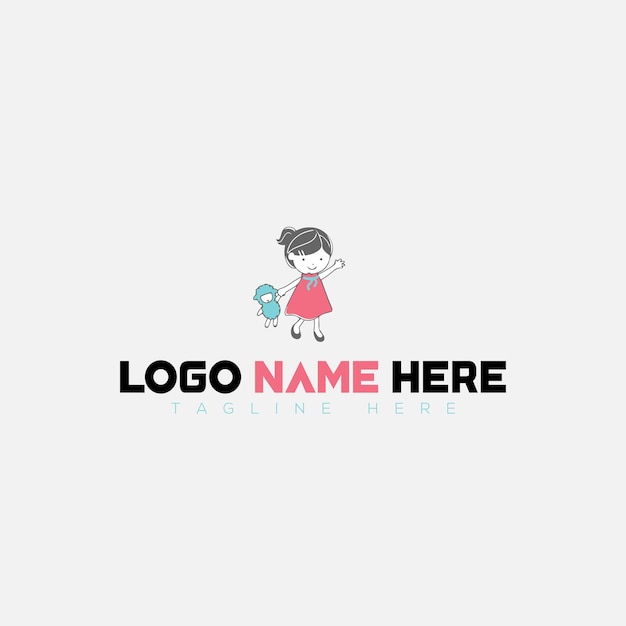 Cute girl with toy logo light pink teal color vector illustration art character