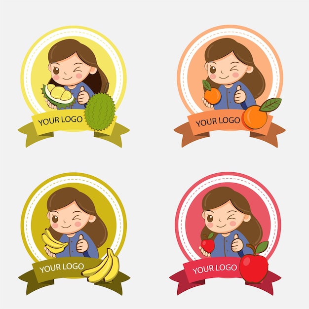 Cute girl with a variety of fruit for the shop logo design