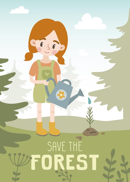 Cute girl with watering can saving forest