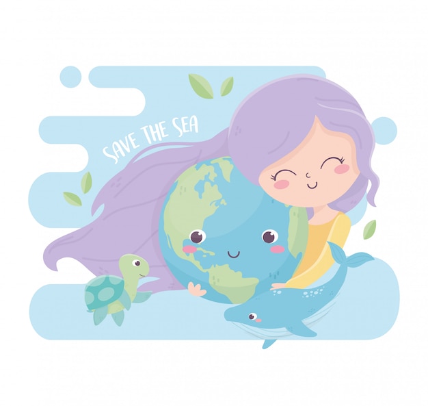 Cute girl with world whale sea environment ecology