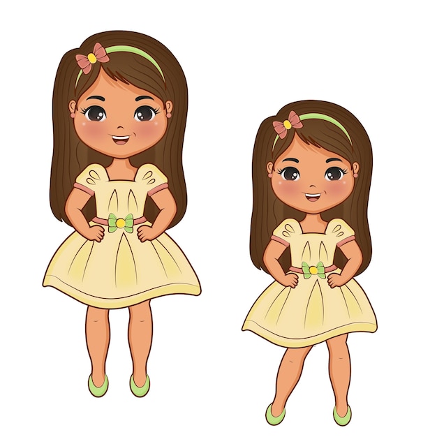 Vector cute girl with yellow dress brown hair