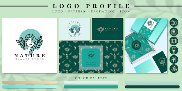 Cute girl or woman logo branding with pattern and icon set