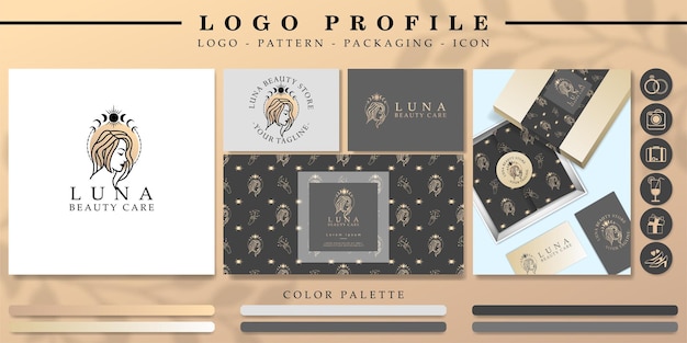 Branding logo ragazza o donna carina con motivo e set di icone