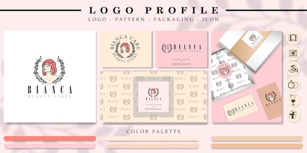 cute girl or woman logo branding with pattern and icon set