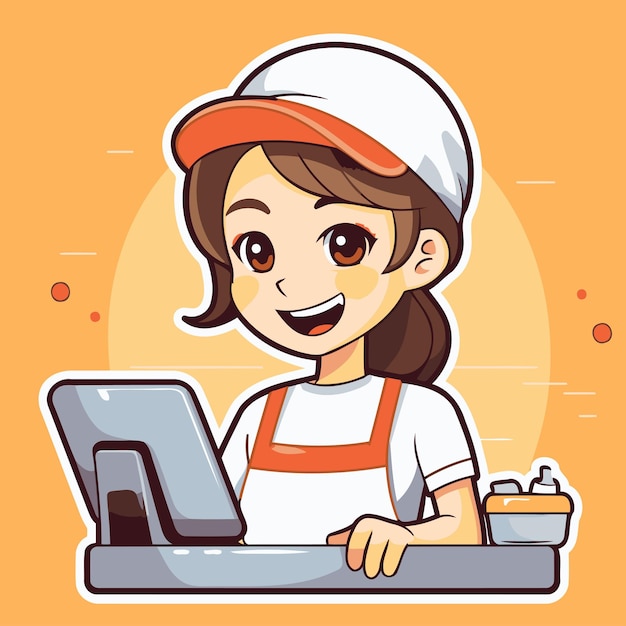 Cute girl working at the computer Vector illustration in cartoon style