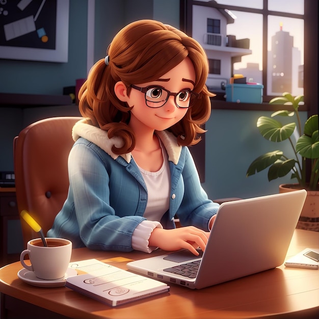 Vector cute girl working on laptop with coffee cup illustration