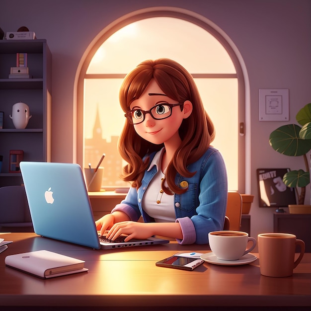 Vector cute girl working on laptop with coffee cup illustration