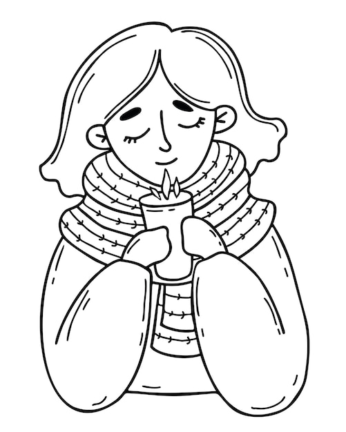 Cute girl wrapped in scarf is warming herself and enjoying hot drink Linear hand drawing