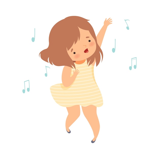 cute girl in yellow dress singing and dancing adorable kid having fun and enjoying listening to