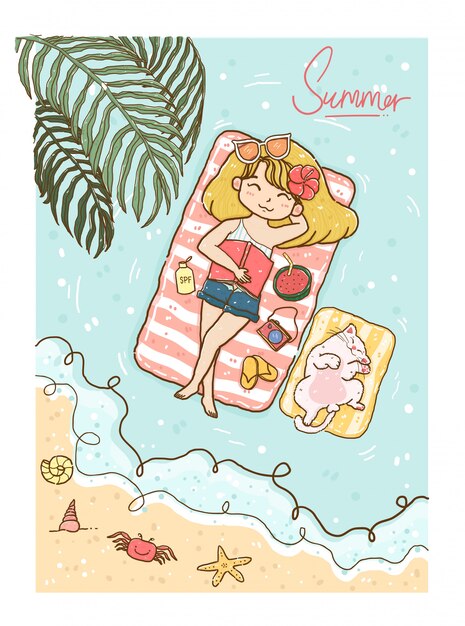 Vector cute girl yellow hair in bikini and jeans sunbathing on sea with white fluffy kitten cat in summer time