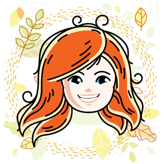 Cute girls face, human head. Vector redhead character, smiling girl face features.