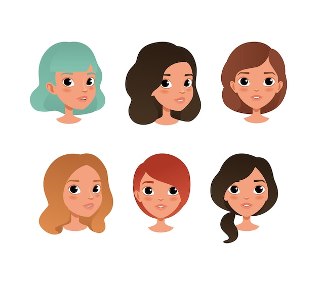 cute girls heads with different hair color and haircuts set teenage girls avatars cartoon vector