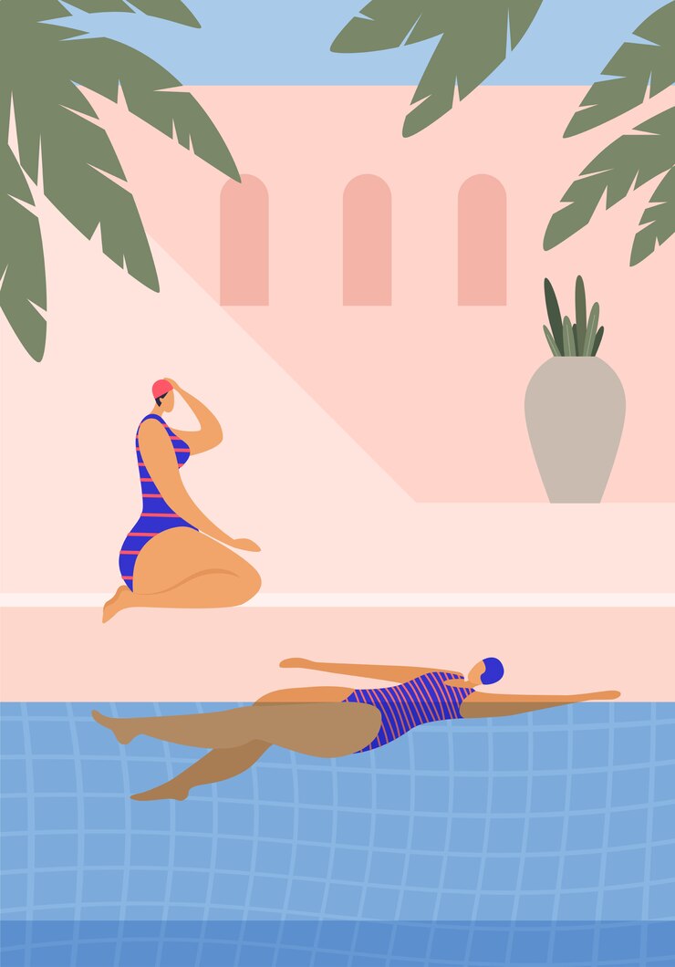 Vector cute girls relax by the water and spend their leisure time in the fresh air.