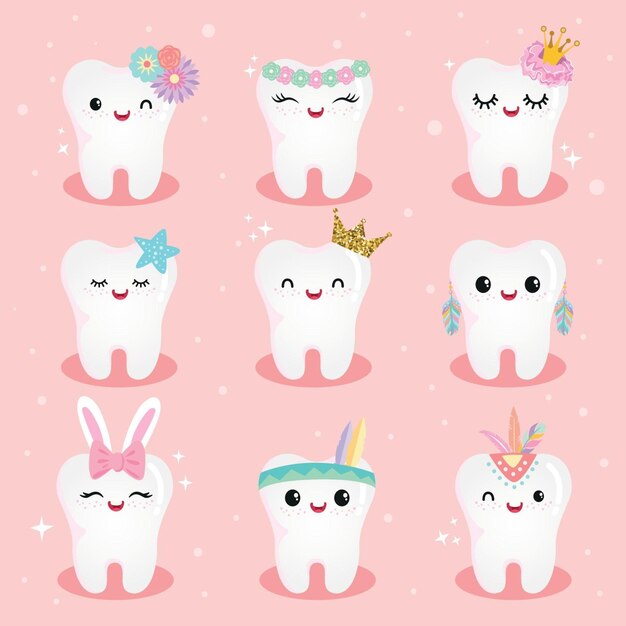 Cute girls Tooth Character Set in many costume