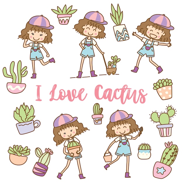 Cute girls with cactus character design