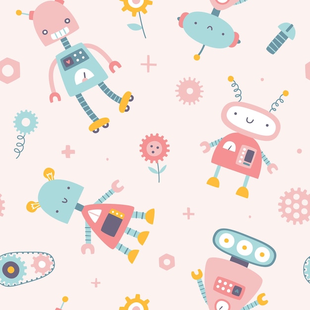 Cute girly pattern with pink robots Seamless vector print for baby girl textile and fabric